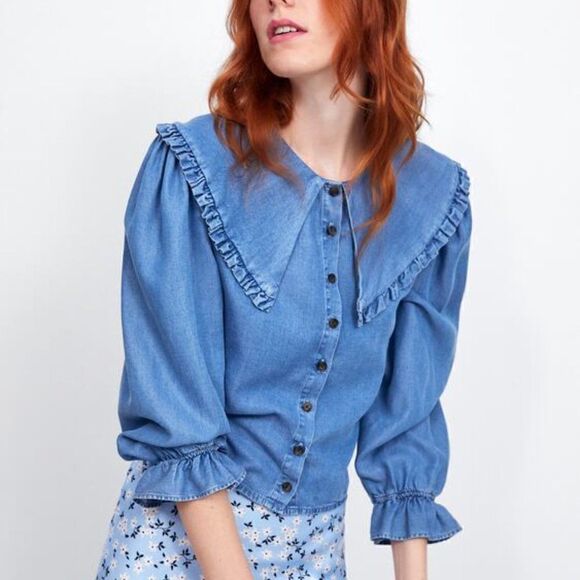 ZARA DENIM CHAMBRAY COLLARED BLOUSE TOP - Picture 10 of 10